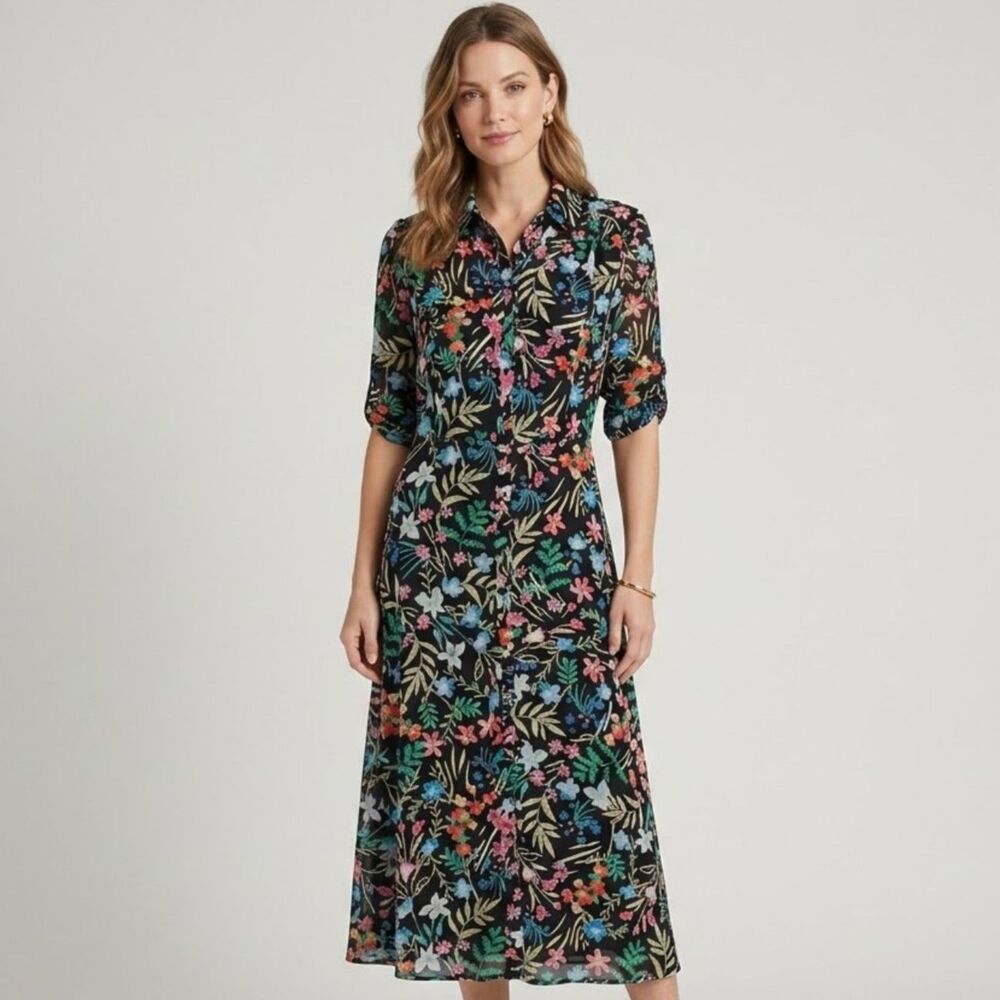 Maggy London Floral Chiffon Midi Shirt Dress Womens Sz 10 Sheer Spring Garden